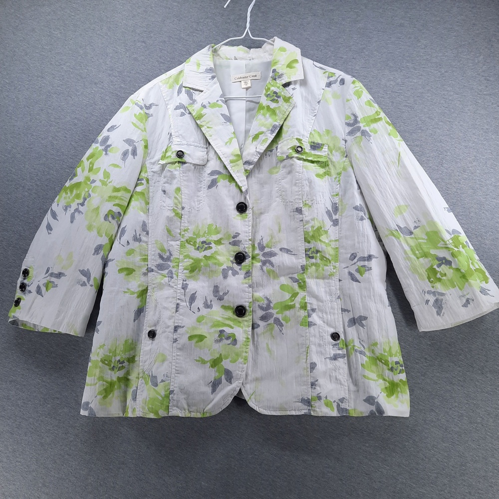 Coldwater Creek Blazer Womens 16 White Green Floral Button Front 3/4 Sleeve